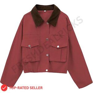 Cropped Utility Jacket Casual Loose Fit Cotton Cargo Coat Modern Chic